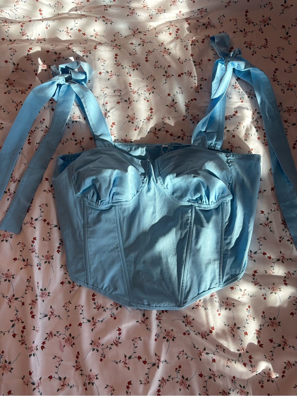 Tie-Shoulder Bustier Crop Top in Light Blue